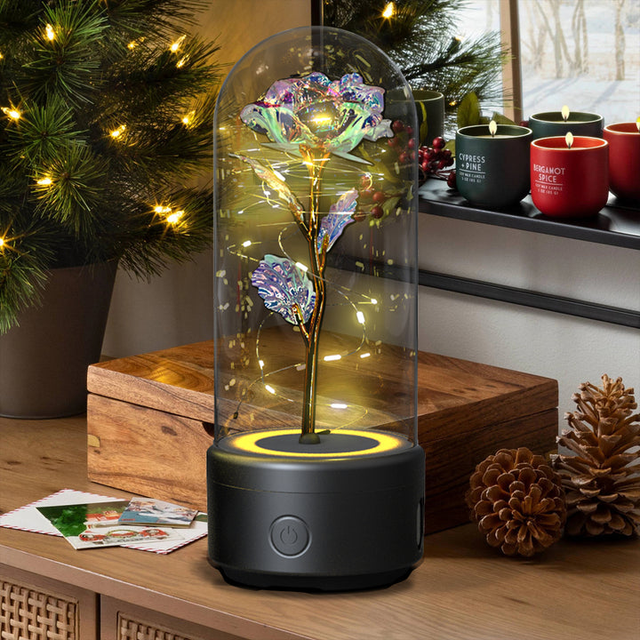 Creative 2 In 1 Rose Flowers LED Light And Bluetooth Speaker Gift Rose Luminous Night Light Ornament In Glass Cover