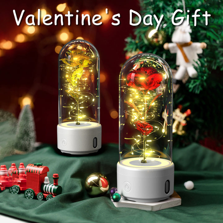 Creative 2 In 1 Rose Flowers LED Light And Bluetooth Speaker Gift Rose Luminous Night Light Ornament In Glass Cover