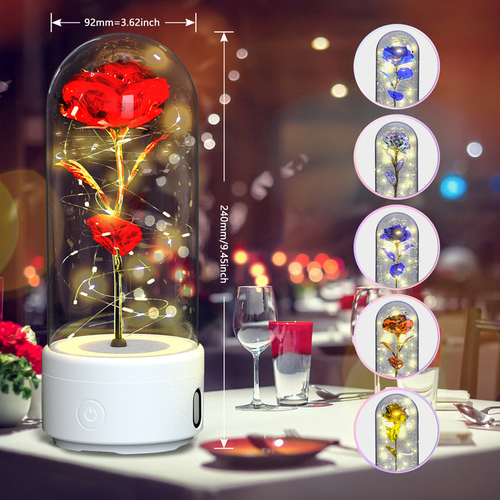 Creative 2 In 1 Rose Flowers LED Light And Bluetooth Speaker Gift Rose Luminous Night Light Ornament In Glass Cover