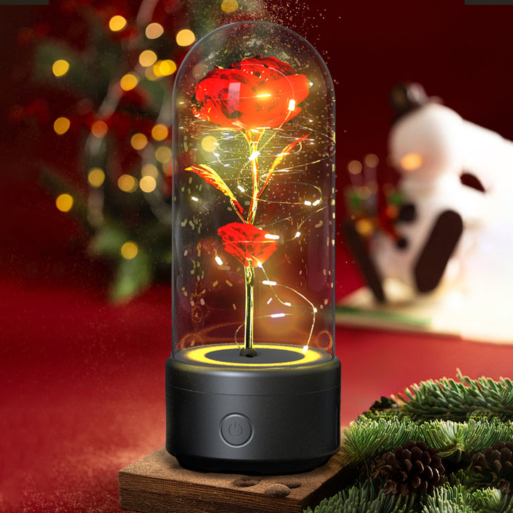 Creative 2 In 1 Rose Flowers LED Light And Bluetooth Speaker Gift Rose Luminous Night Light Ornament In Glass Cover