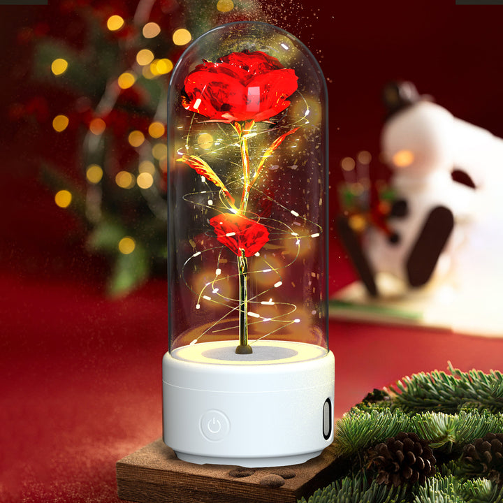 Creative 2 In 1 Rose Flowers LED Light And Bluetooth Speaker Gift Rose Luminous Night Light Ornament In Glass Cover