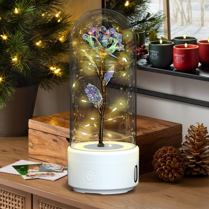 Creative 2 In 1 Rose Flowers LED Light And Bluetooth Speaker Gift Rose Luminous Night Light Ornament In Glass Cover