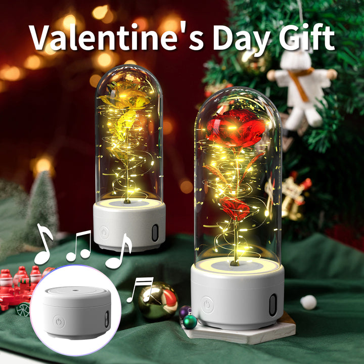 Creative 2 In 1 Rose Flowers LED Light And Bluetooth Speaker Gift Rose Luminous Night Light Ornament In Glass Cover