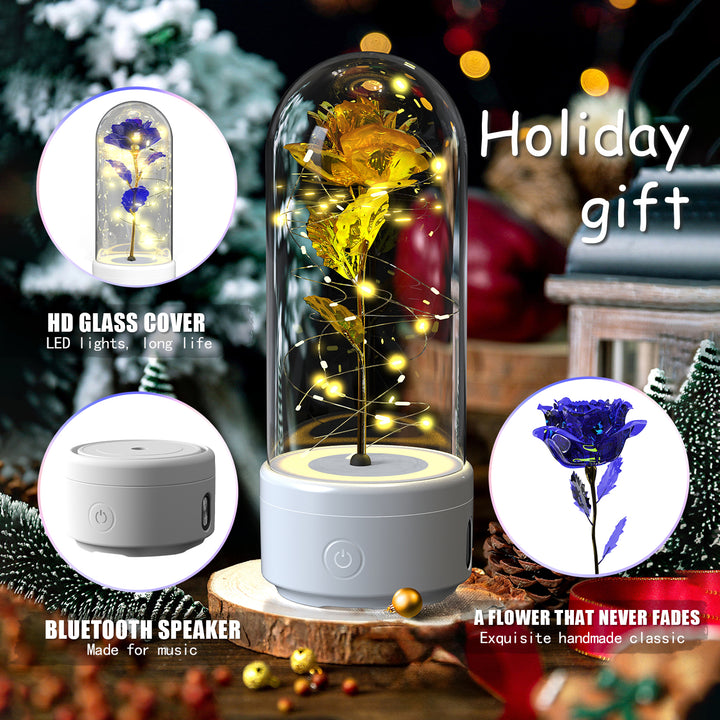 Creative 2 In 1 Rose Flowers LED Light And Bluetooth Speaker Gift Rose Luminous Night Light Ornament In Glass Cover