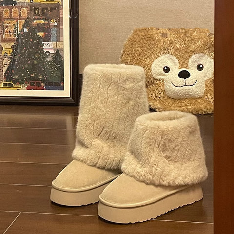 Plush Cute Cream Short Warm Fur Boots Winter Sleeve Platform Height Increasing Shoes